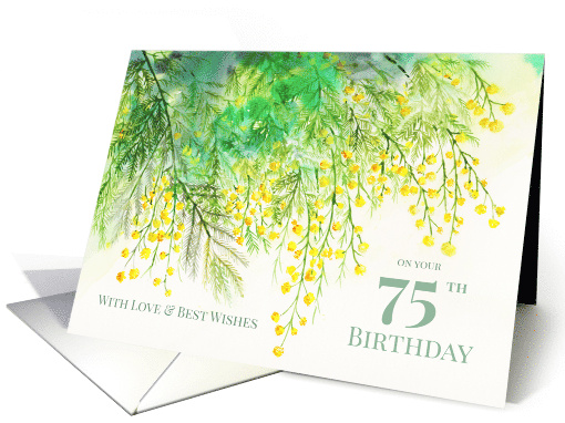 For 75th Birthday Yellow Mimosa Watercolor Flower Painting card