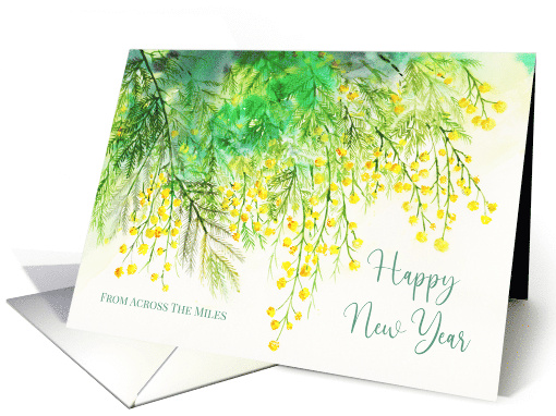 From Across the Miles on New Year Yellow Mimosa Flower Painting card