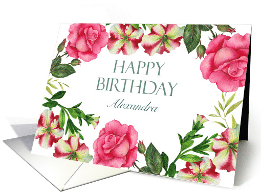 For Alexandra on Birthday Custom Petunia Rose Wreath Illustration card
