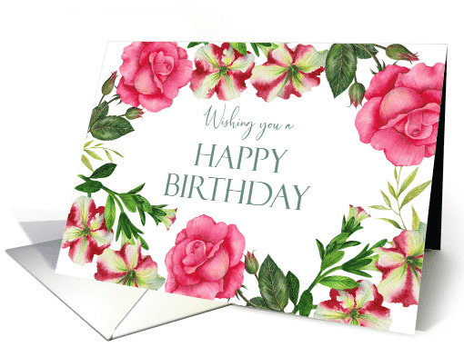 General Happy Birthday Petunia Rose Floral Wreath Illustration card