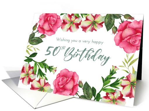 For 50th Birthday Petunia Rose Floral Wreath Watercolor... (1909436)