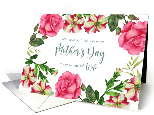 For Wife on Mothers Day Petunia Rose Floral Wreath Illustration card