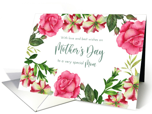 For Mom on Mothers Day Petunia Rose Floral Wreath Illustration card