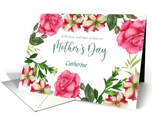 For Catherine on Mothers Day Custom Petunia Rose Floral Wreath card