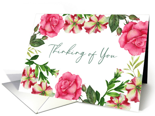 General Thinking of You Petunia Rose Floral Wreath Illustration card