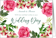 To Amanda and Thomas on Wedding Day Custom Petunia Rose Wreath card