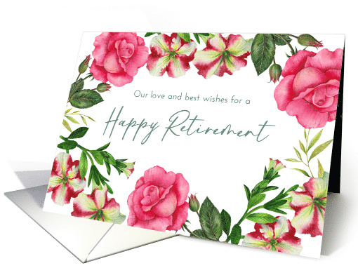 From Both of Us on Retirement Petunia Rose Wreath Illustration card