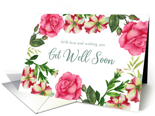 General Get Well Soon Petunia Rose Wreath Watercolor Illustration card