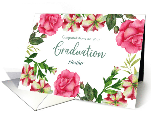 For Heather on Graduation Custom Petunia Rose Wreath card (1919340)
