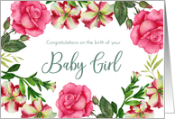 Congratulations on Birth of Baby Girl Petunia Rose Wreath Illustration card