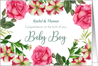 For Rachel and Thomas on New Baby Boy Custom Petunia Rose Wreath card