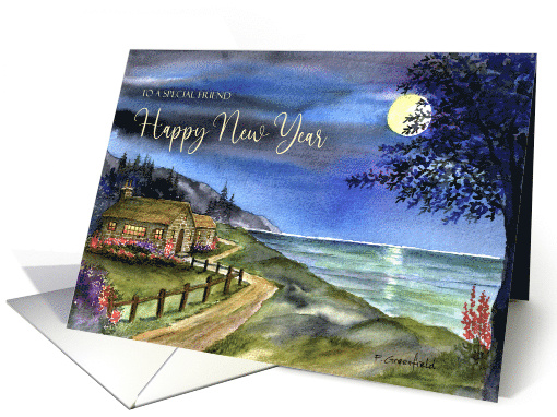 For Friend on New Year Sea Under Moonlight Landscape card (1953108)