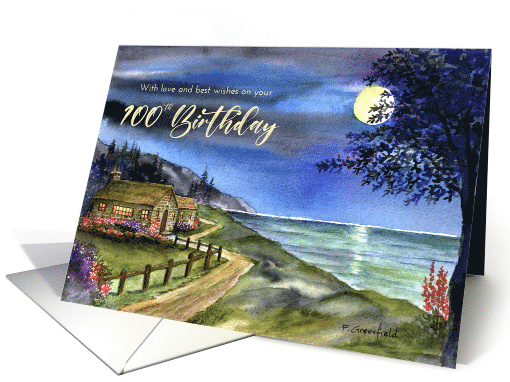 For 100th Birthday Sea Under Moonlight Landscape Painting card