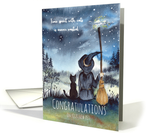 Congratulations on New Pet Witch and Black Cat Under Starry Night card