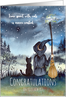 Congratulations on New Pet Witch and Black Cat Under Starry Night