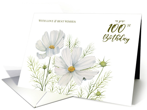 For 100th Birthday White Cosmos Watercolor Flower Illustration card