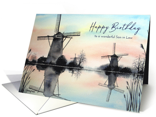 For Son in Law on Birthday Windmills at Dawn Watercolor Scenery card
