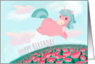 Birthday for Girl Cute Cartoon Unicorn Hopping in Meadow card