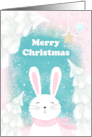 Merry Christmas Cute Bunny in Pink Scarf and Snow Covered Trees card