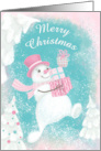 Merry Christmas cute Snowman in Pink Top Hat card