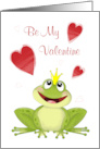 Be My Valentine Cute Cartoon Frog Prince and Hearts card