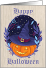 Happy Halloween Pumpkin Witch Hat and Wreath card