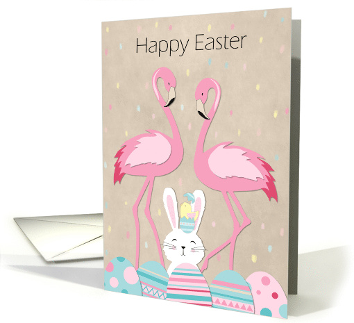 Cute Pink Flamingos Easter Bunny and Сhick card (1676650)