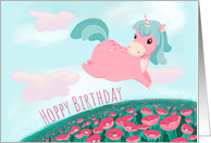 Birthday for Girl Cute Cartoon Unicorn Hopping in Meadow card