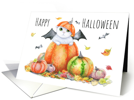 Halloween Cute Cat in Pumpkin Watercolor card (1691632)