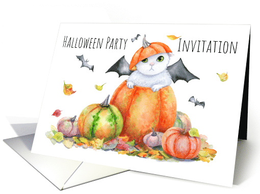 Halloween Party Cute Cat in Pumpkin Watercolor card (1695040)