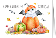 Halloween Birthday Cute Cat and Pumpkins card