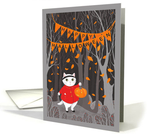Happy Halloween Cute Cat and Jack O Lantern in Woods card (1697886)
