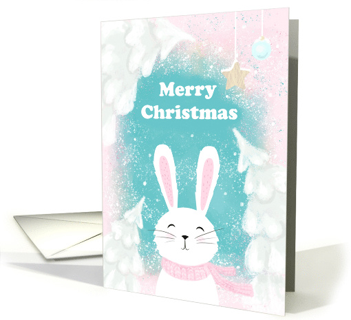 Merry Christmas Cute Bunny in Pink Scarf and Snow Covered Trees card