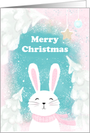 Merry Christmas Cute Bunny in Pink Scarf and Snow Covered Trees card