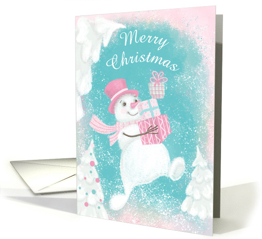 Merry Christmas cute Snowman in Pink Top Hat card (1708874)