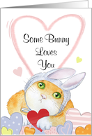 Some Bunny Loves You Cute Watercolor Cat and Hearts card