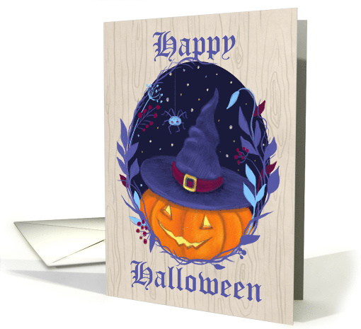 Happy Halloween Pumpkin Witch Hat and Wreath card (1739274)