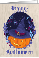 Happy Halloween Pumpkin Witch Hat and Wreath card