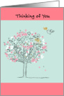 Thinking of you cute and whimsical drawing tree, birds and flowers card