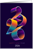 Happy New Year 2026 in Cool 3-D Metallic Colors Purple, Orange, Blue, Green