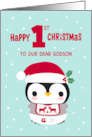 OUR Godson’s First Christmas with Baby Penguin with Bib and Diapers card