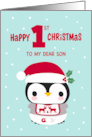 MY Son’s First Christmas with Baby Penguin with Bib and Diapers card