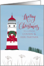 Cousin and HER Partner Merry Nautical Christmas with Bow on Lighthouse card
