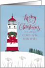 Cousin and HER Wife Merry Nautical Christmas with Bow on Lighthouse card