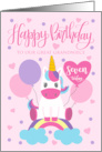 7th Birthday OUR Great Grandniece Unicorn Sitting On Rainbow card