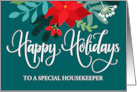 Customizable Happy Holidays Housekeeper with Poinsettias and Berries card