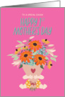 1st Mother’s Day for Cousin with Light Skin Tone Baby holding Flowers card