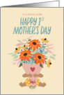 1st Mother’s Day for Sister with Medium Skin Tone Baby holding Flowers card