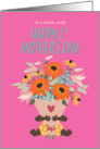 1st Mother’s Day for Sister with Dark Skin Tone Baby holding Flowers card