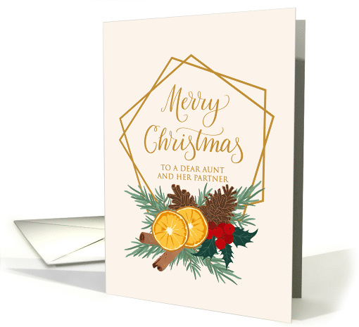 Aunt and Partner Christmas with Geometric Frame Holly and Spice card
